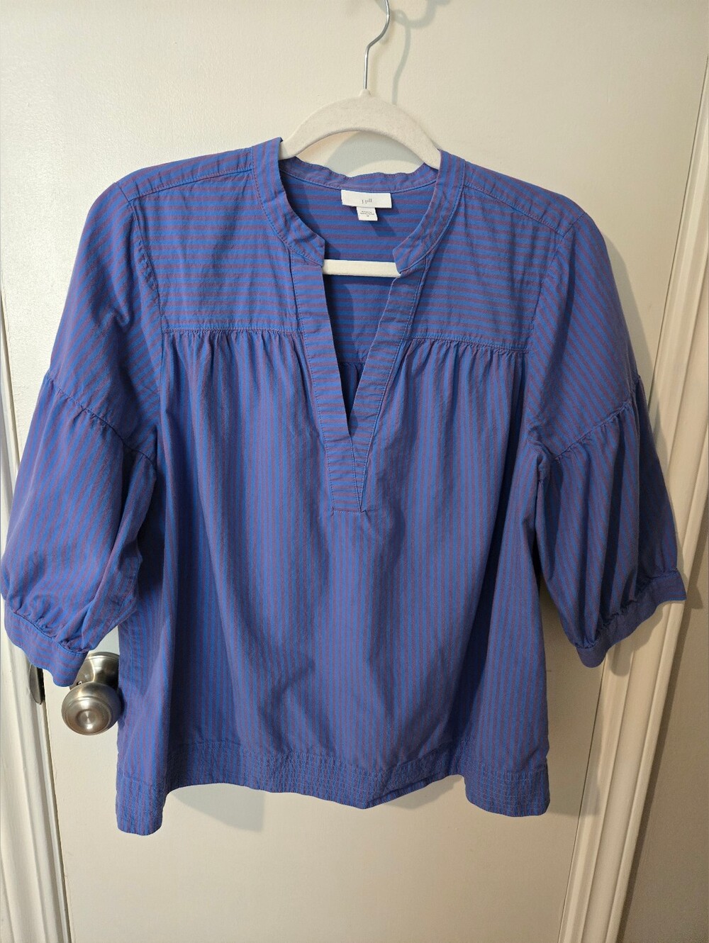 J. Jill Purple-Blue Stripe Split-Neck Puff Sleeve Blouse